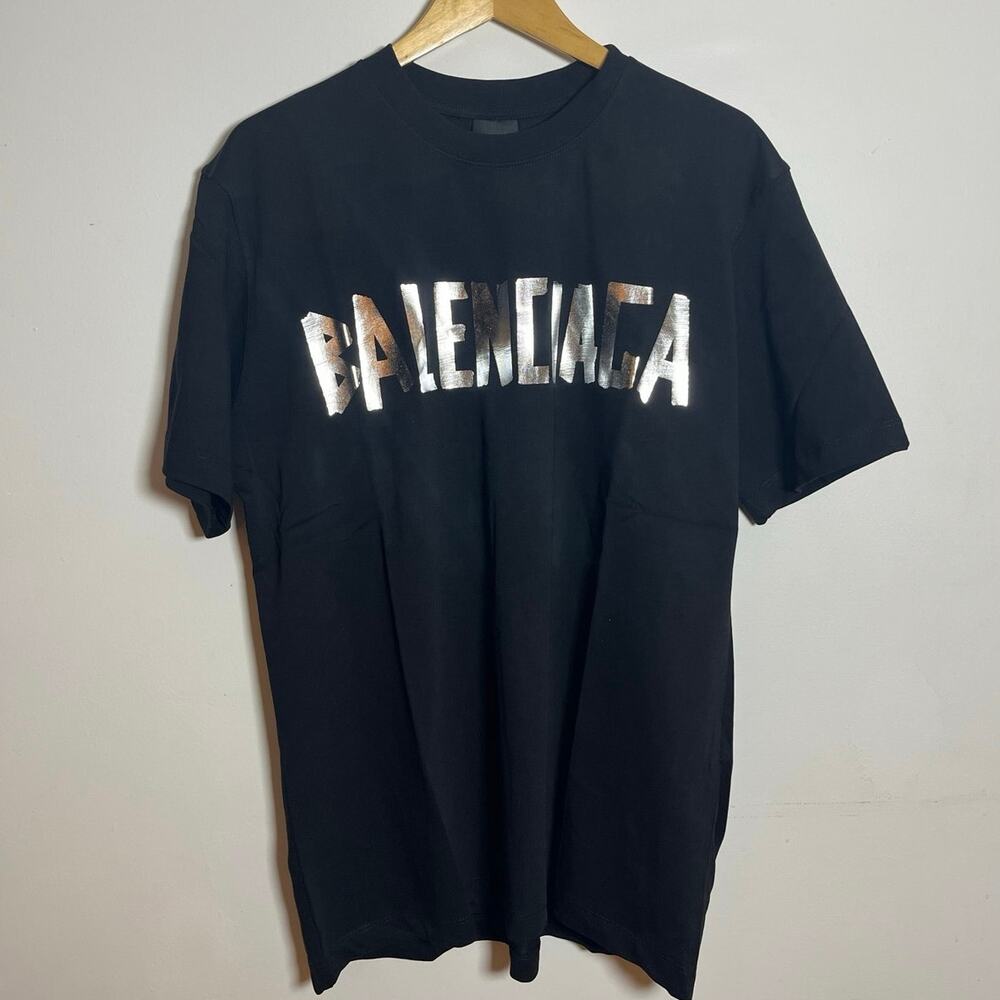 Balenciaga Tape Logo Cotton T-Shirt Men's Black Size L Preowned